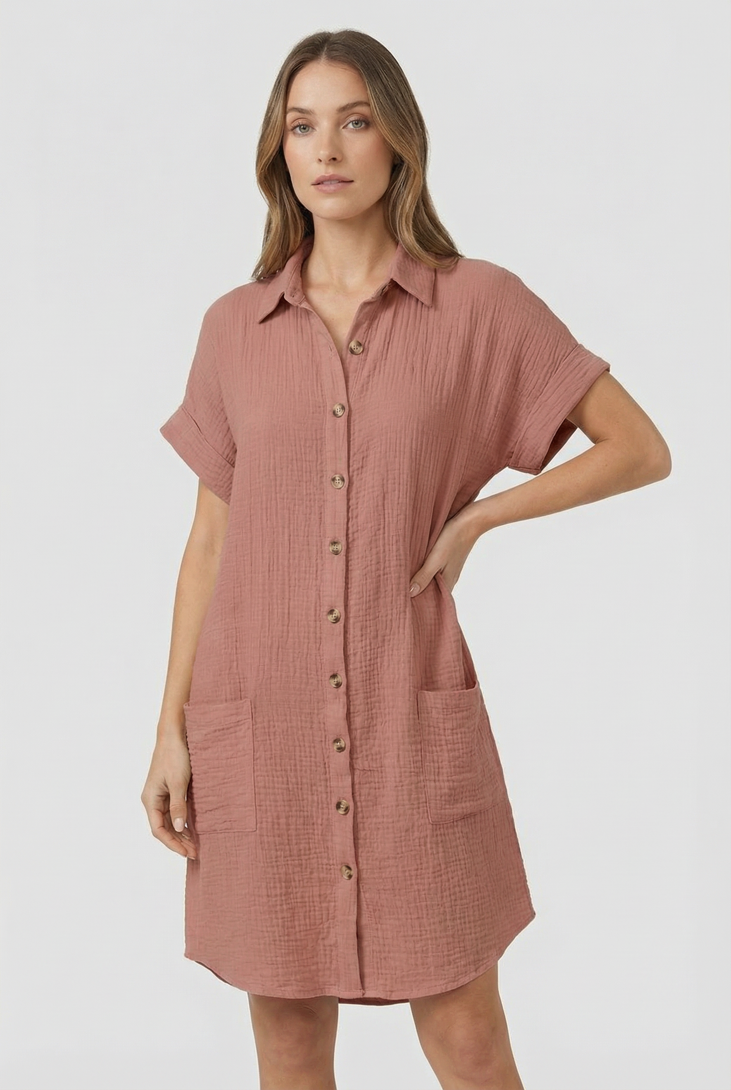 Women's Cotton Blend Short Sleeve Shirt Dress