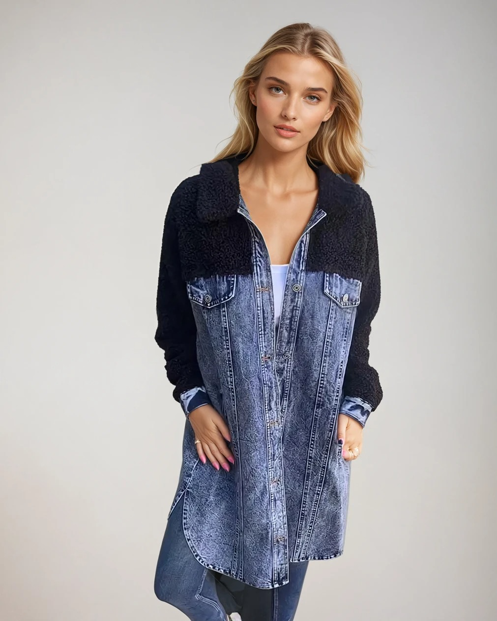 Damens Denim Överrock med Ulldetaljer