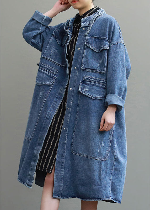 Damens Långa Denim Kappa med Knapp och Fickor