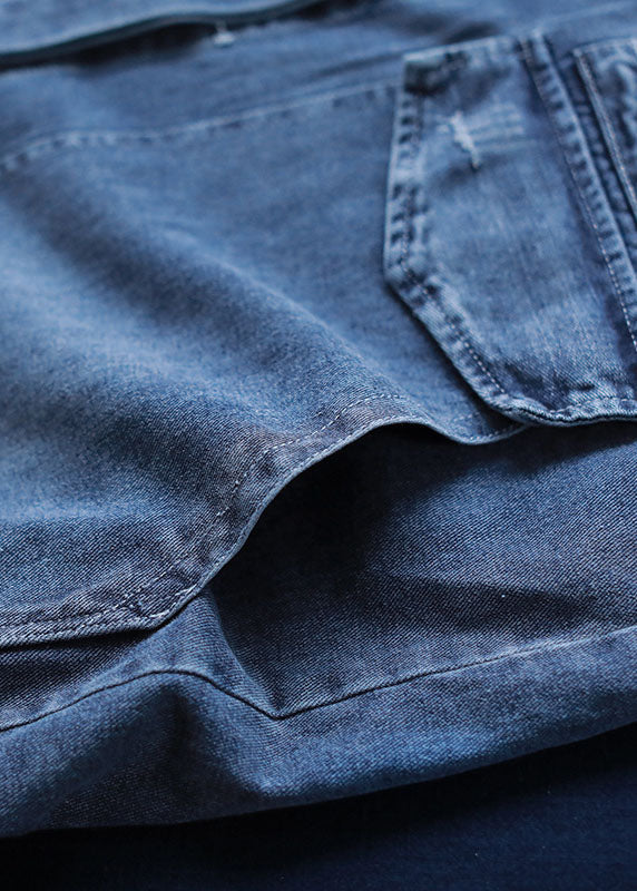 Damens Långa Denim Kappa med Knapp och Fickor