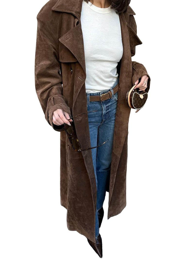 Damernas Trenchcoat i Suède Look Midi med Dubbelknäppning och Bälte