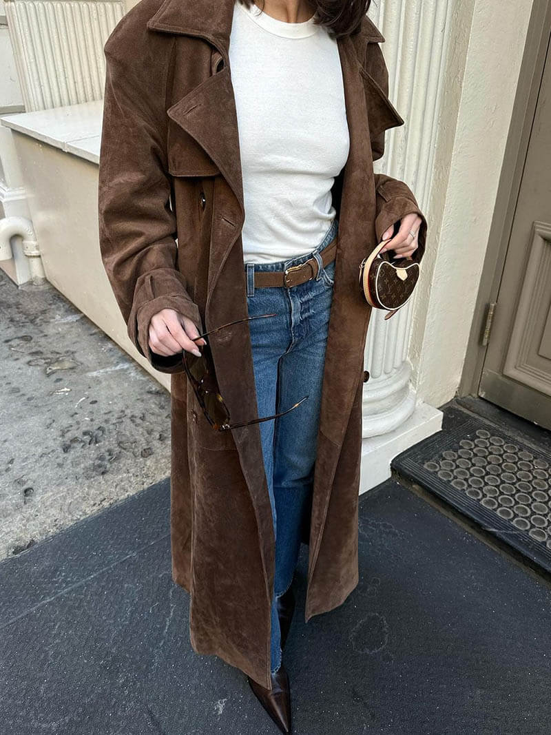 Damernas Trenchcoat i Suède Look Midi med Dubbelknäppning och Bälte