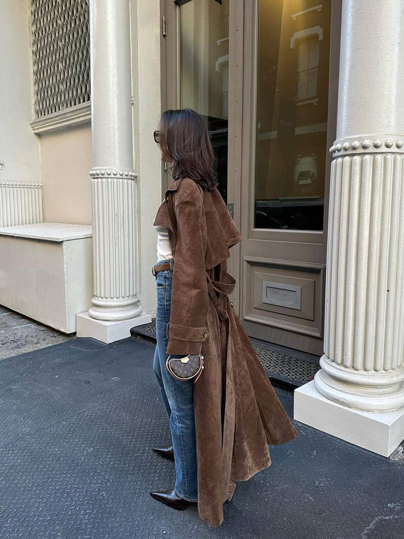 Damernas Trenchcoat i Suède Look Midi med Dubbelknäppning och Bälte