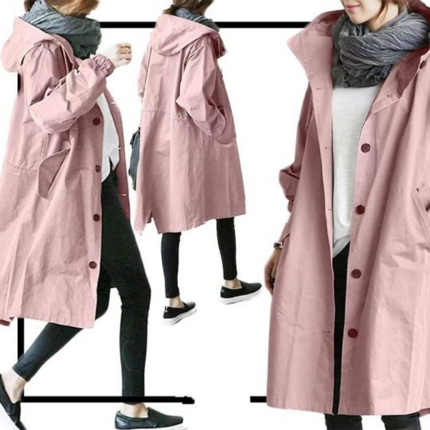 Kvinnors Lång Trenchcoat med Huva och Justerbar Midja