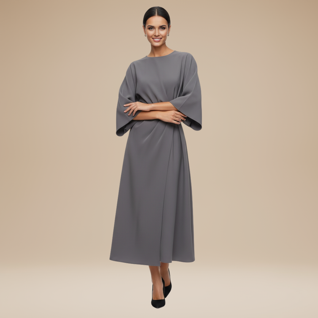 Belted Midi Dress with Wide Sleeves and Draped Waist