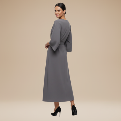 Belted Midi Dress with Wide Sleeves and Draped Waist