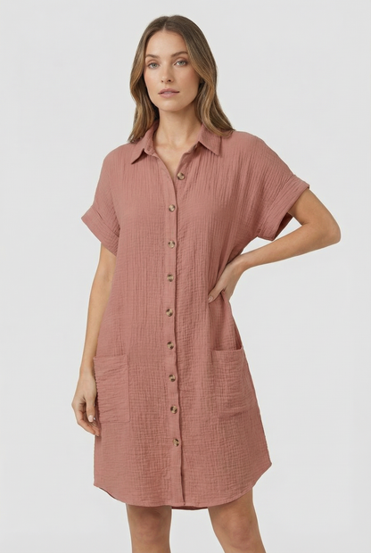 Women's Cotton Blend Short Sleeve Shirt Dress