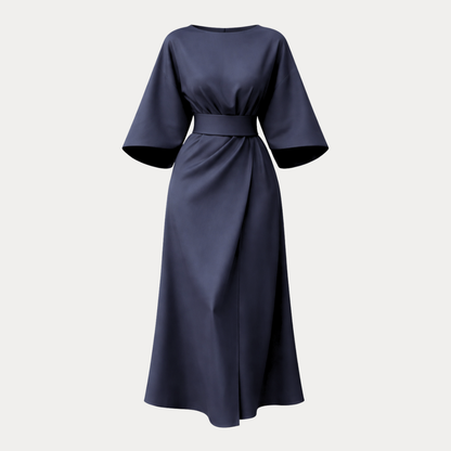 Belted Midi Dress with Wide Sleeves and Draped Waist