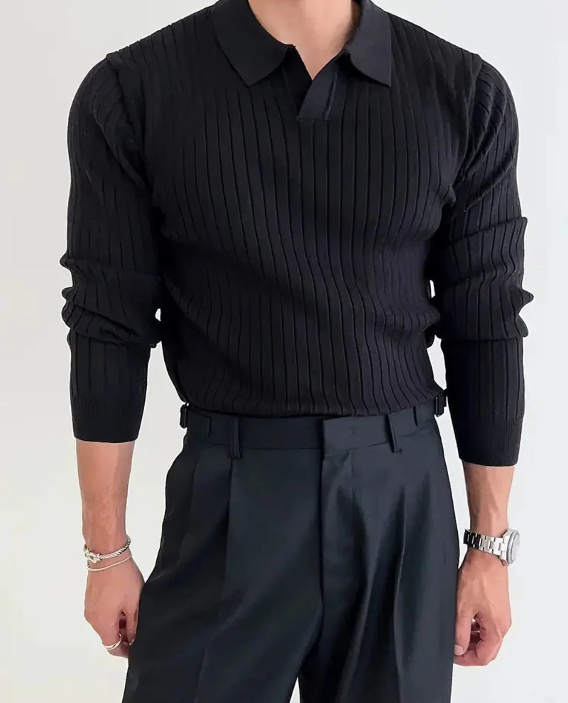 Ribbed Long-Sleeve Polo