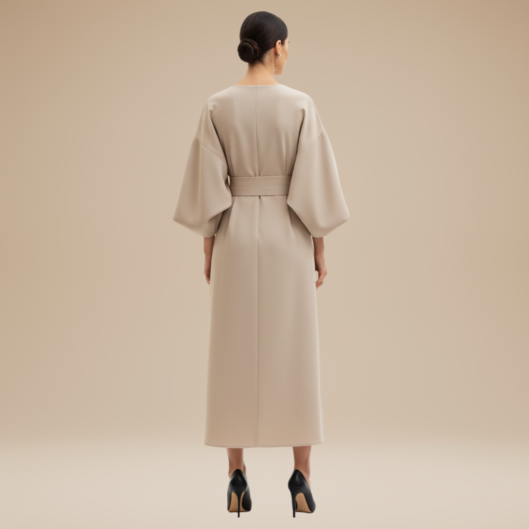 Belted Midi Dress with Wide Sleeves and Draped Waist