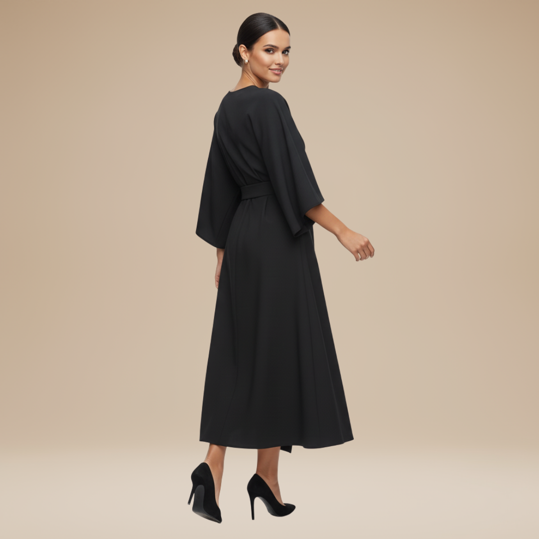 Belted Midi Dress with Wide Sleeves and Draped Waist