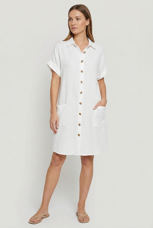 Women's Cotton Blend Short Sleeve Shirt Dress