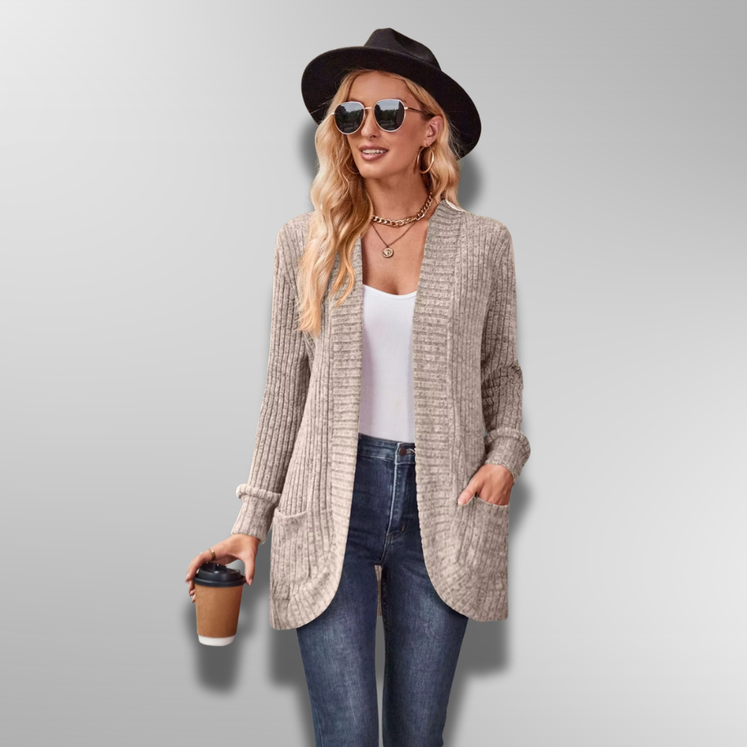 Dam Cardigan Ribbad Design Mjuk Polyester Akryl Rayon