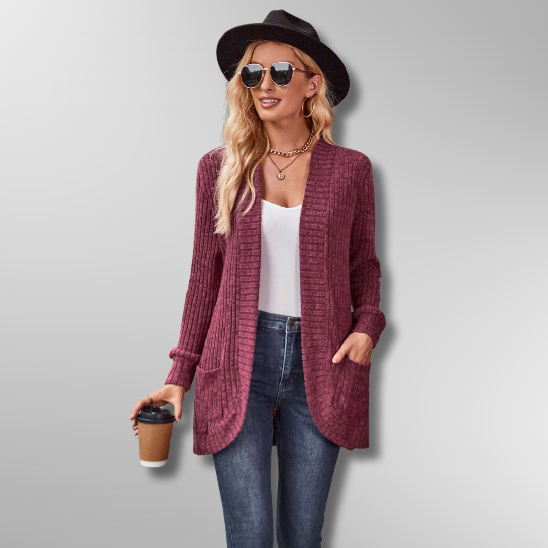 Dam Cardigan Ribbad Design Mjuk Polyester Akryl Rayon