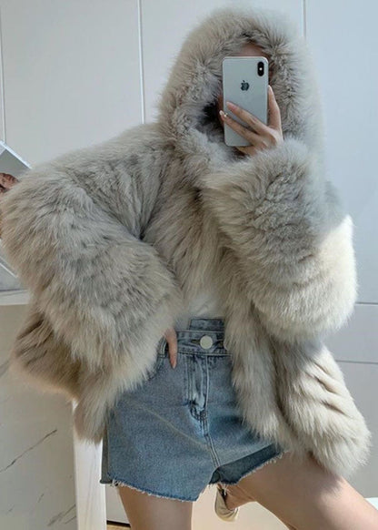 Damens Fuzzy Fur Jacka med Huva och Patchwork