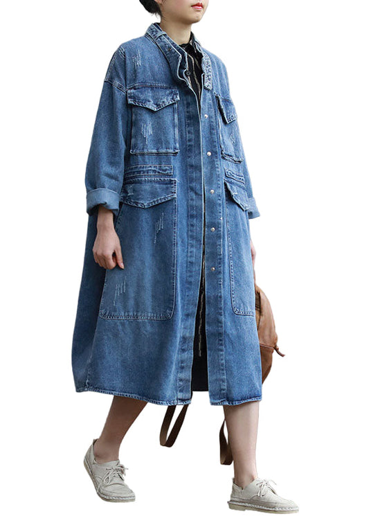 Damens Långa Denim Kappa med Knapp och Fickor