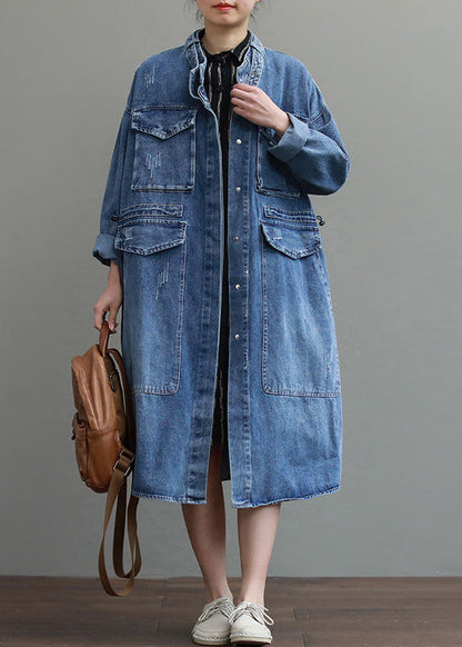 Damens Långa Denim Kappa med Knapp och Fickor