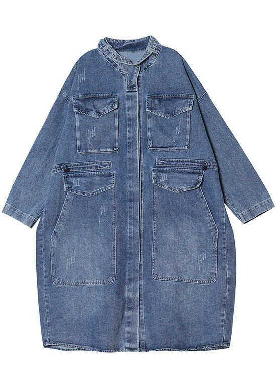 Damens Långa Denim Kappa med Knapp och Fickor