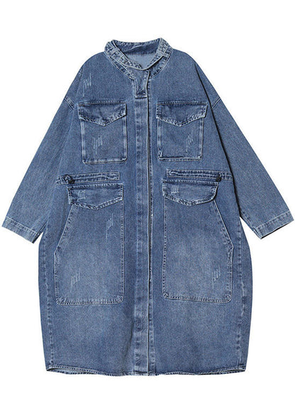 Damens Långa Denim Kappa med Knapp och Fickor