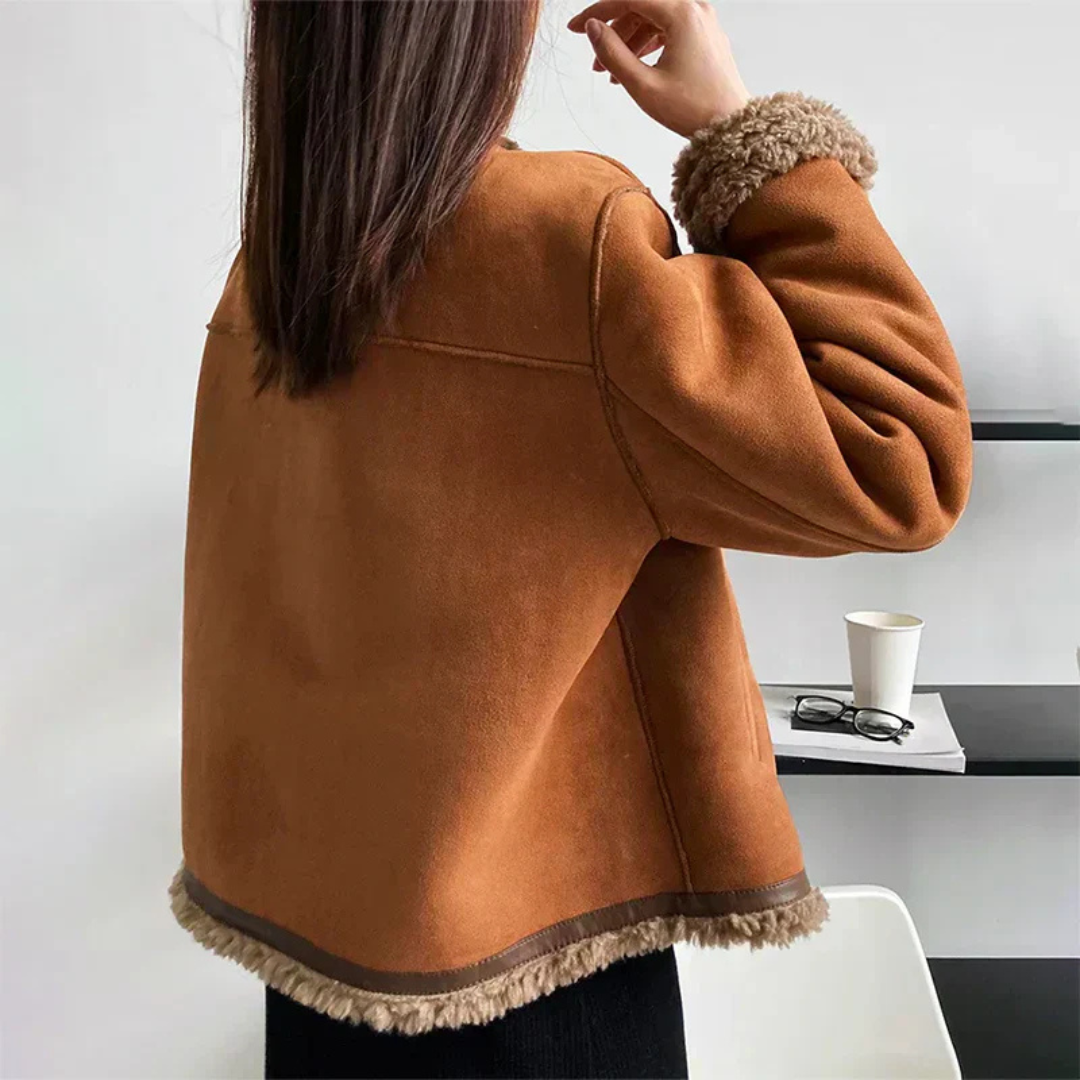 Damens Shearling Jacka med Knäppning