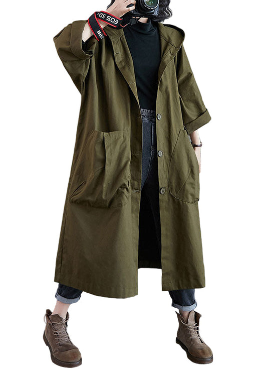 Damernas Lång Trenchcoat med Huva och Fickor