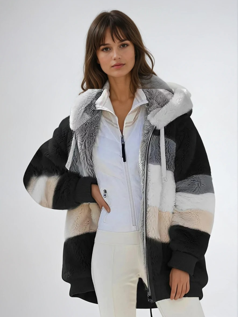 Damernas Padded Plush Coat med Kontrasterande Design