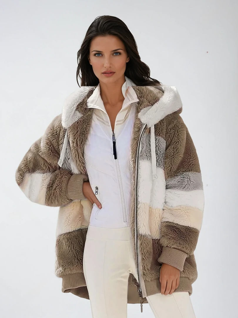 Damernas Padded Plush Coat med Kontrasterande Design