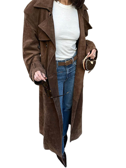 Damernas Trenchcoat i Suède Look Midi med Dubbelknäppning och Bälte