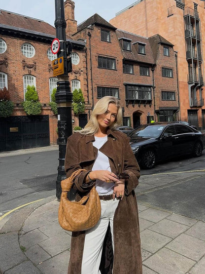 Damernas Trenchcoat i Suède Look Midi med Dubbelknäppning och Bälte