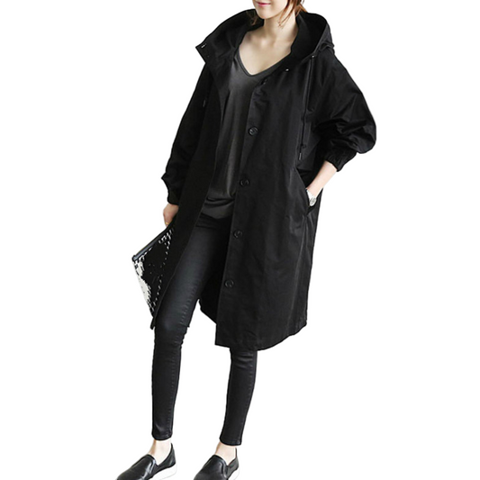 Kvinnors Lång Trenchcoat med Huva och Justerbar Midja
