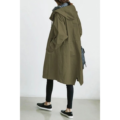 Kvinnors Lång Trenchcoat med Huva och Justerbar Midja