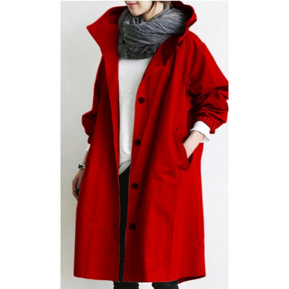 Kvinnors Lång Trenchcoat med Huva och Justerbar Midja