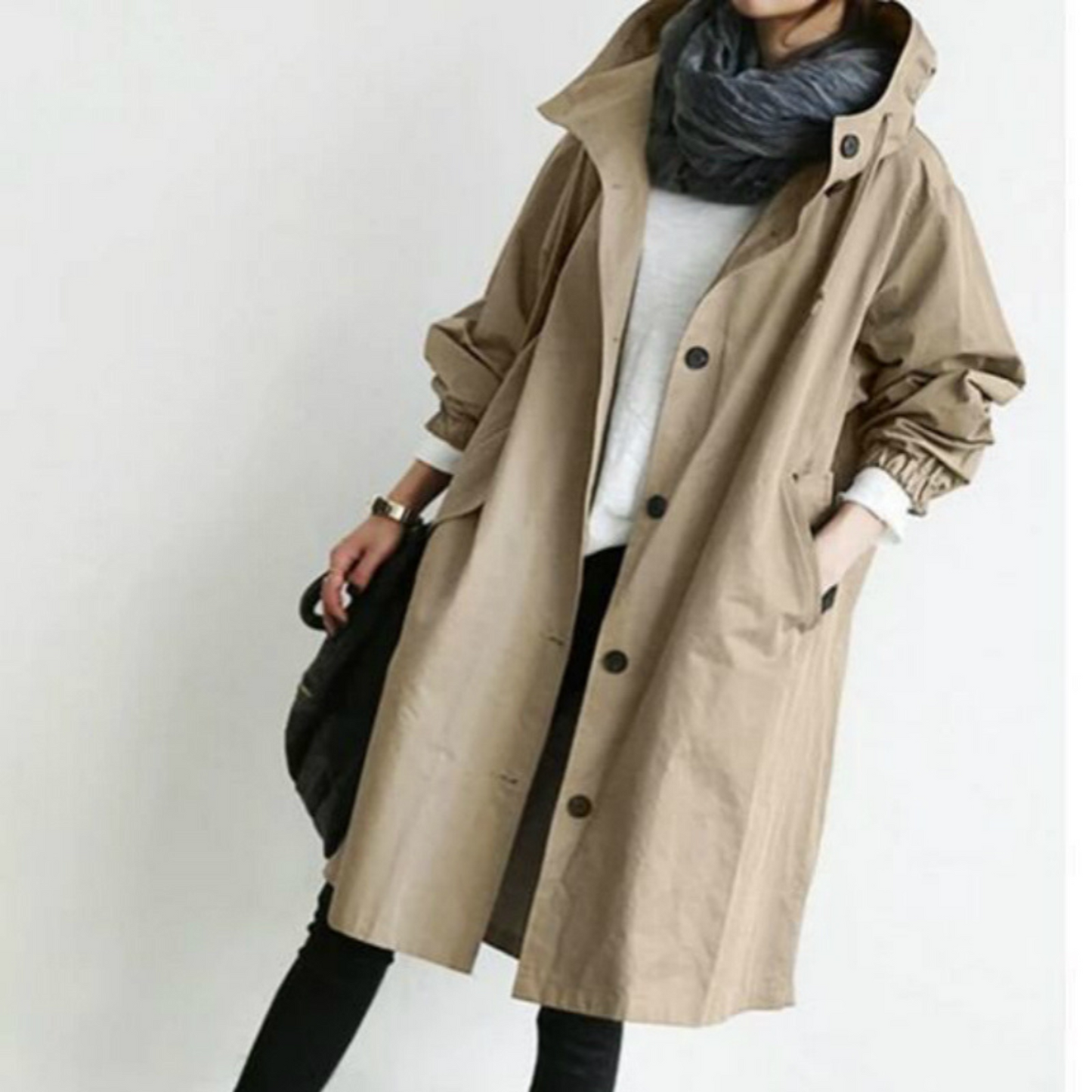 Kvinnors Lång Trenchcoat med Huva och Justerbar Midja