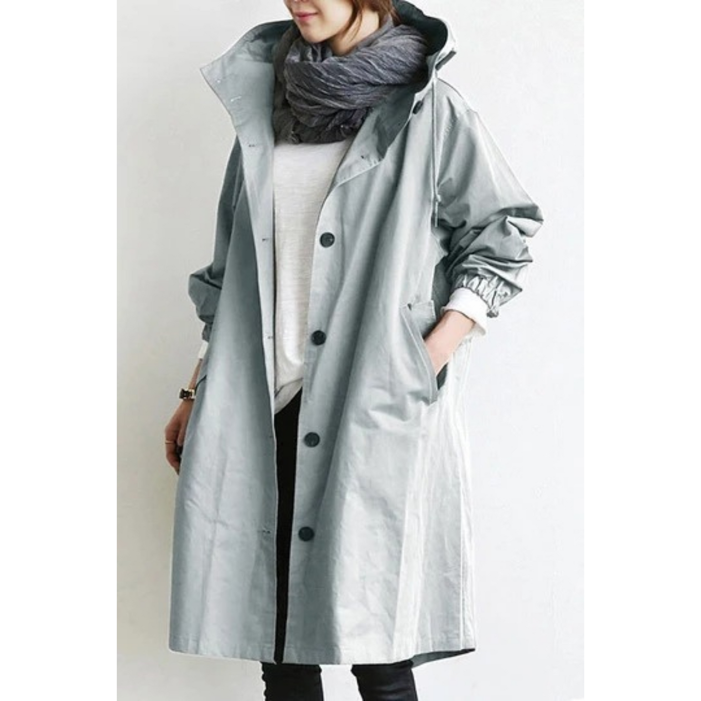 Kvinnors Lång Trenchcoat med Huva och Justerbar Midja