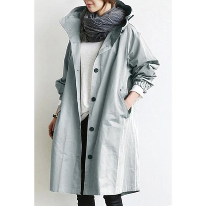 Kvinnors Lång Trenchcoat med Huva och Justerbar Midja