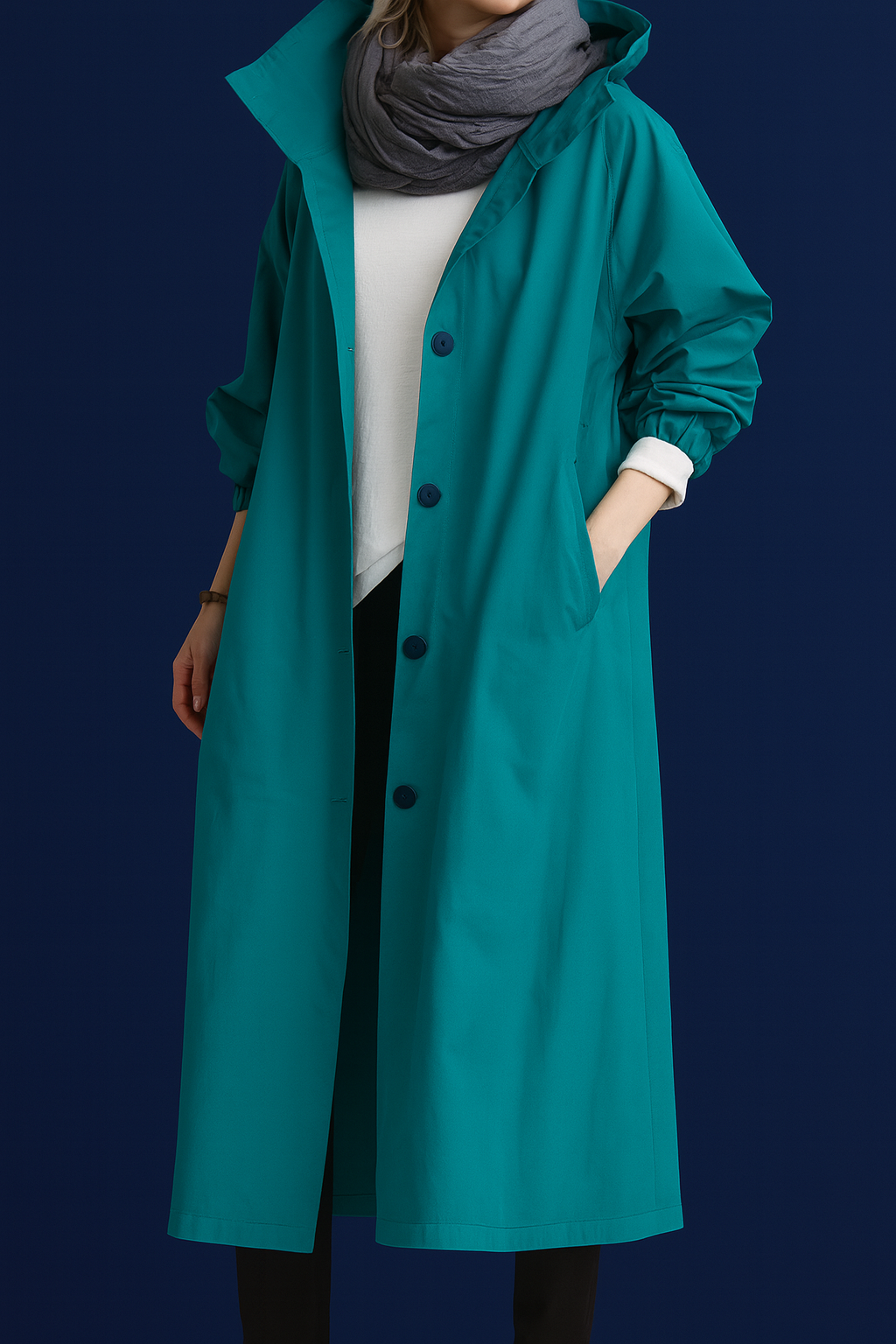 Kvinnors Lång Trenchcoat med Huva och Justerbar Midja