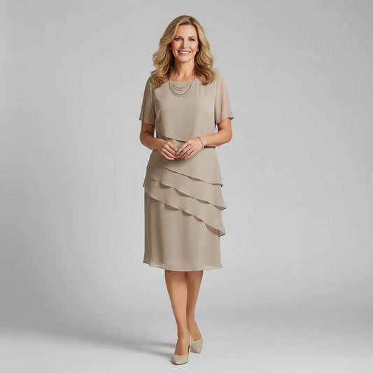 Amelia - Classic Layered Chiffon Midi Dress with Short Sleeves
